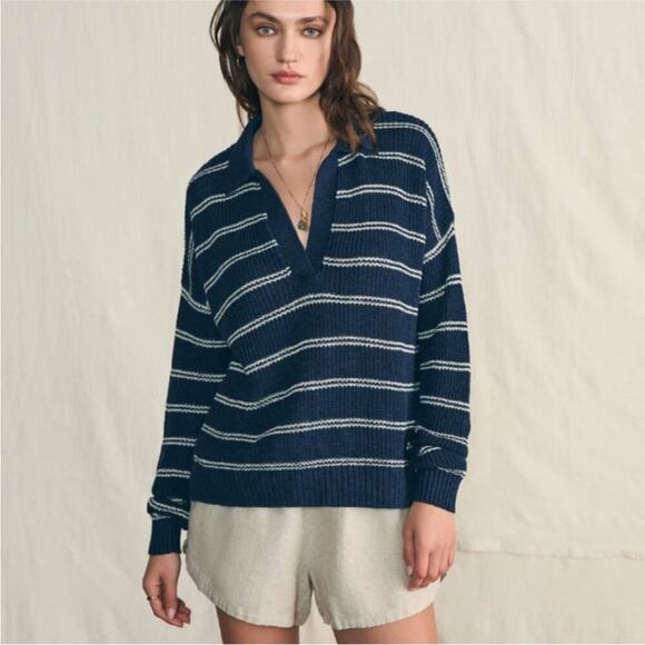 Faherty Sweaters - Faherty Miramar Linen Polo Sweater Navy Mystic and Cream Striped M